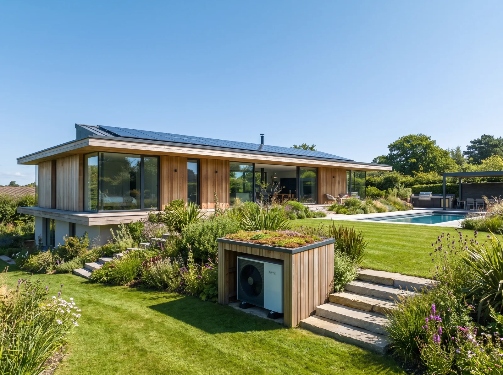 Gartenübersicht eines modernen Einfamilienhauses mit Wärmepumpe und Photovoltaikanlage