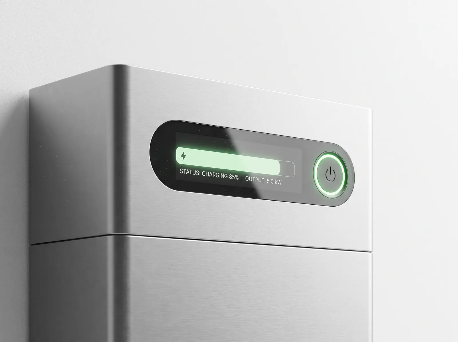 Nahaufnahme eines Batteriespeichers mit Ladestand-Anzeige