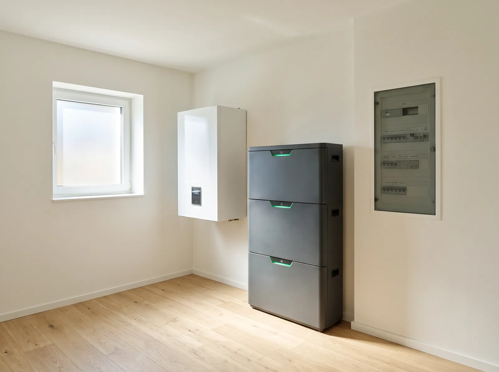 Technikraum mit Wärmepumpen-Inneneinheit und Batteriespeicher