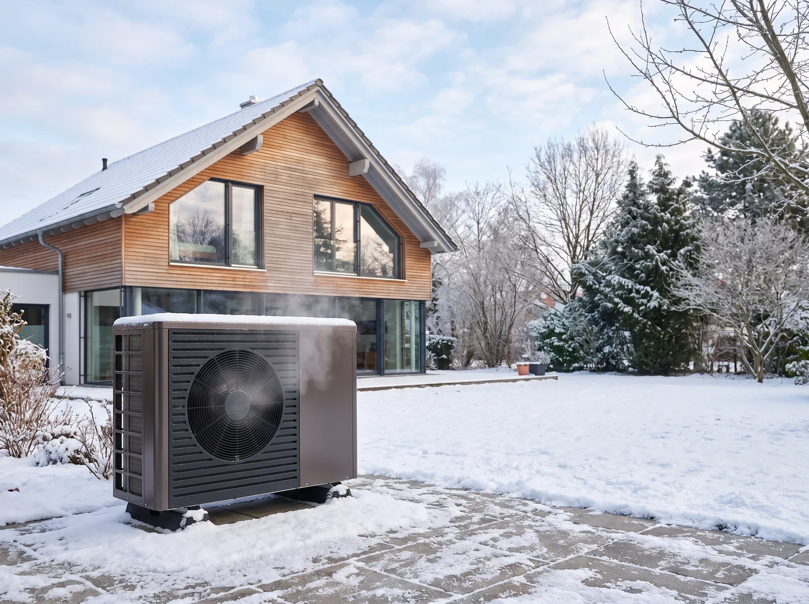 Wärmepumpen-Außeneinheit im Winter vor einem verschneiten Garten