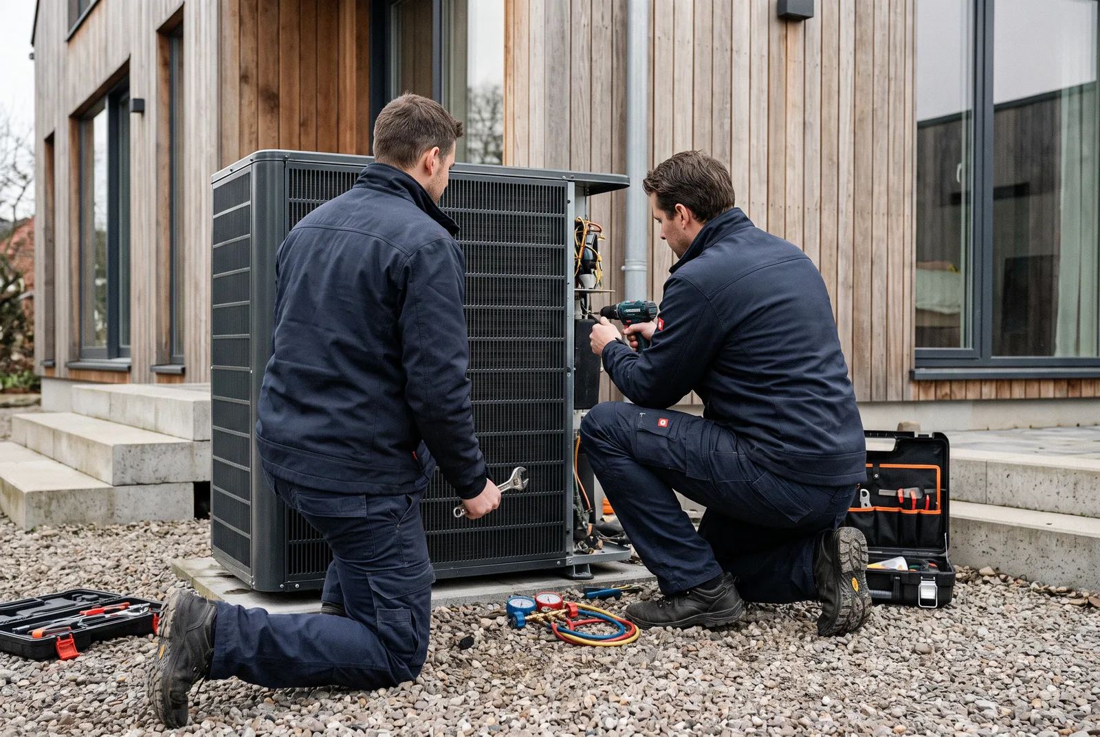 Zwei Techniker installieren eine Wärmepumpe an der Außenwand eines modernen Einfamilienhauses